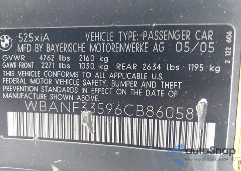 2006 BMW 525 Xi из США, поврежденный, VIN WBANF33596CB86058